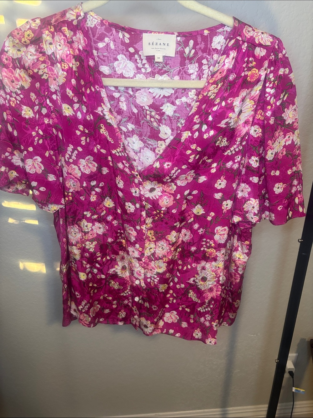 Sezane Magenta Floral V-Neck Puff Sleeve Blouse